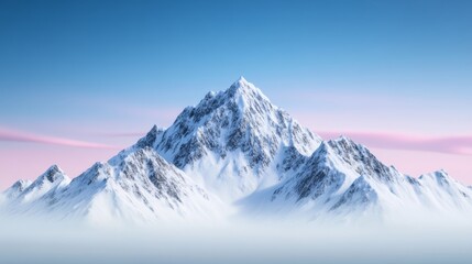 Wide snowy mountain landscape with sharp peaks and a soft gradient sky transitioning from blue to pink 