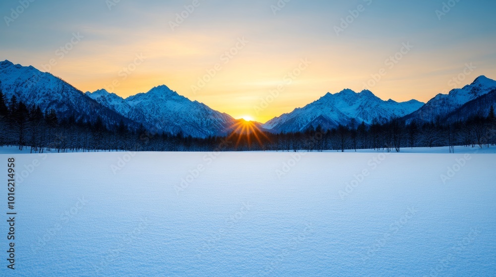 Poster Winter sunrise over snow-capped mountains with a vast open snowfield for text space in the foreground 