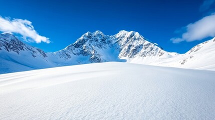 Obraz premium Winter mountain range with dramatic snowy slopes and deep blue sky above untouched snowfields 