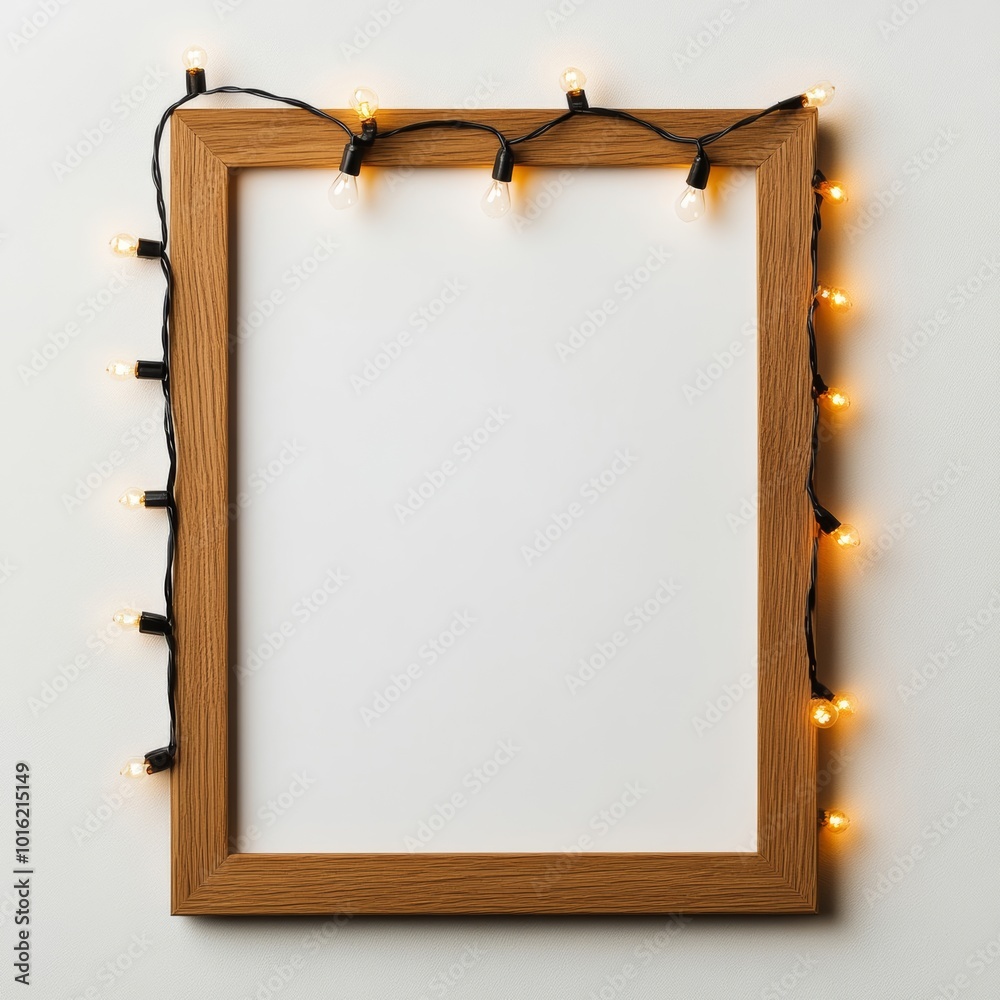 Canvas Prints Wooden Christmas picture frame with a string of tiny hanging fairy lights along the top edge isolated on white background 