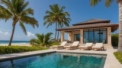 a pool with a palm tree and a resort near the beach