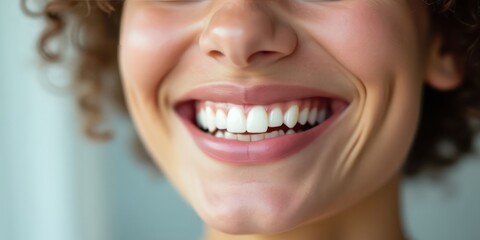 Obraz premium Close-up of a smiling woman's mouth with open lips and visible white healthy teeth. The concept of dental treatment and hygiene. Generative AI