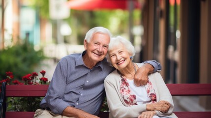 Fototapeta premium An elderly couple sits closely on a bench, beaming with joy and love, surrounded by a picturesque outdoor setting.