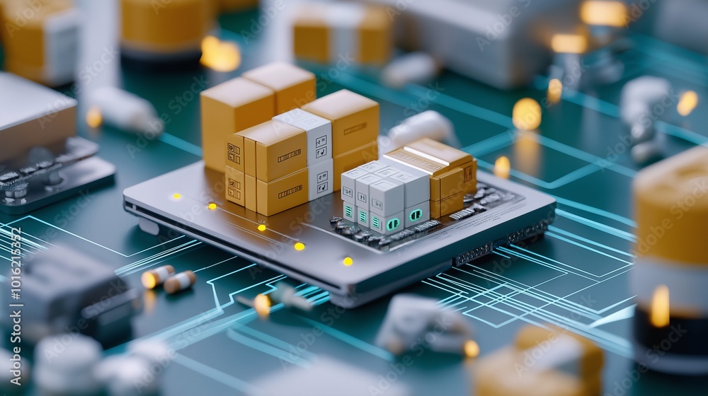 Poster microchip with boxes representing data storage solutions