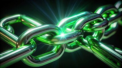 Macro chains interlocking and crisscrossing against black background, illuminated by soft green glow
