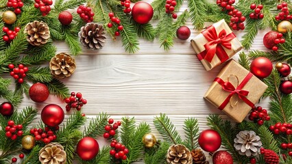 Macro Christmas floral frame with gifts and tree decoration