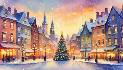 snowy dreamy winter city with old houses, christmas tree in the middle with lights in the windows and lanterns and illuminated houses. watercolor style.