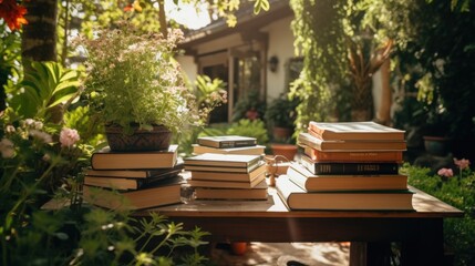 Obraz premium A wooden table with stacks of books is nestled in a lush garden, where sunlight filters through leaves, creating a serene reading nook.