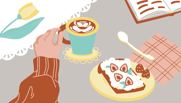 Top view of hands eating breakfast flat vector illustration.  Sweet breakfast.  Breakfast hand drawn doodle icons. 