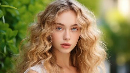 Naklejka premium A beautiful woman with wavy light hair and striking blue eyes poses gracefully in a vibrant, sunlit garden.