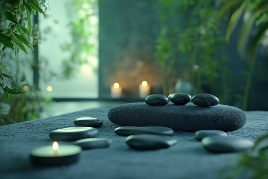 An inviting massage therapy environment showcasing hot stones resting on a plush massage table, surrounded by a selection of aromatic herbal oils. The soft glow from candles creates a calming effect.