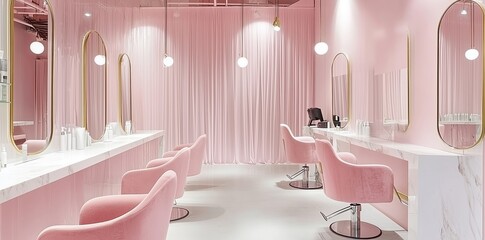 Soft pink hair salon interior featuring rows of blush pink styling chairs and marble countertops for a serene and feminine experience. Beauty and wellness concept