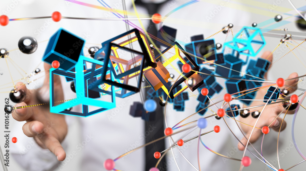 Poster Neural network 3D illustration. Big data and cybersecurity - 3d
