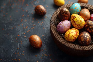 Obraz premium Colorful Speckled Easter Eggs in a Wooden Bowl for Holiday Decor and Celebrations