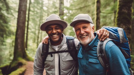Fototapeta premium Two elderly men, cheerful and adventurous, hike through a lush green forest, joyfully connecting with nature and each other.