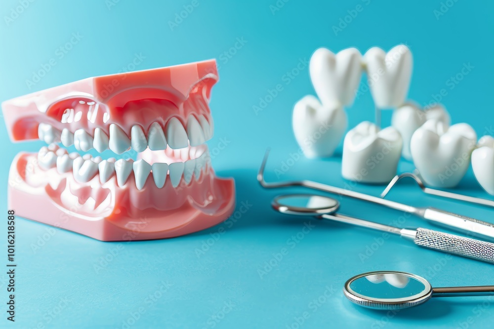 Wall mural plastic model of teeth in the clinic and dentist tools on a blue background