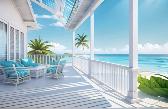 Bright coastal veranda with white wicker furniture and blue cushions, overlooking a tropical beach and palm trees, creating a relaxing and serene outdoor space with stunning ocean views under a clear 