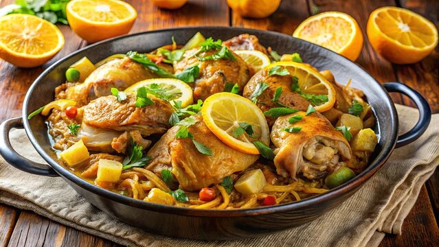 Citrus-Braised Chicken with Aromatic Vegetables and Herbs in a Rustic Cast Iron Skillet