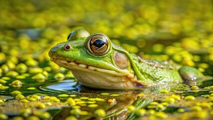 Obraz premium Green frog and duckweed on pond surface