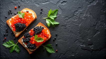 Two Toasts Topped with Red and Black Caviar with Parsley Garnishes on a Black Surface