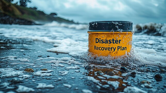 Plastic container with disaster recovery plan in turbulent sea