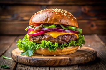 Close-up home made beef burger on wooden table