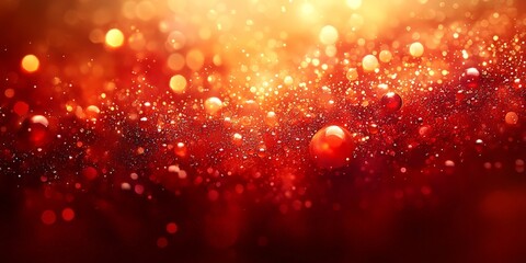 Abstract glowing red and golden bubbles and particles, creating a festive and magical atmosphere.