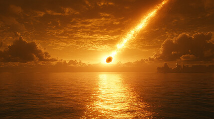 meteorite blazes through Earth's atmosphere, creating a fiery trail against a dark sky, symbolizing cosmic power, celestial phenomena, and the unpredictability of nature's forces