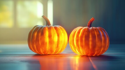 Glowing pumpkins on white background