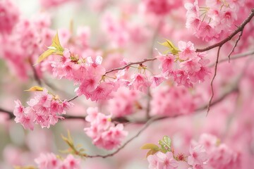 Pink cherry blossoms in full bloom on a tree branch. Close-up of delicate flowers and plants. Soft blur background suggests garden or park setting. Tranquil and harmonious atmosphere.
