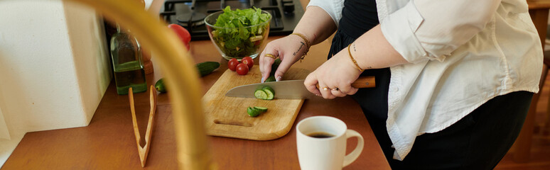 A beautiful woman enjoys cooking healthy food in her inviting home kitchen.