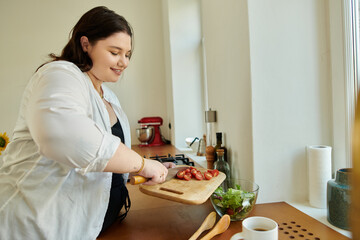 A radiant woman prepares a delicious meal, chopping vegetables with a smile.