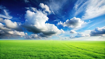 Fototapeta premium Green grass field under blue sky with white clouds