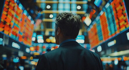 Stock exchange screens showing market fluctuations and trades as an investor walks through the trading floor.