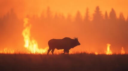 Naklejka premium A lone bison silhouetted against a dramatic backdrop of wildfire flames and smoke, highlighting nature's fragility and power.