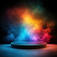 Obraz premium Neon Glow Podium with Colorful Smoke and Stars Background.
