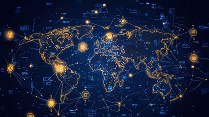 A digital world map illuminated with glowing connections represents data flow and global communication in a futuristic design.