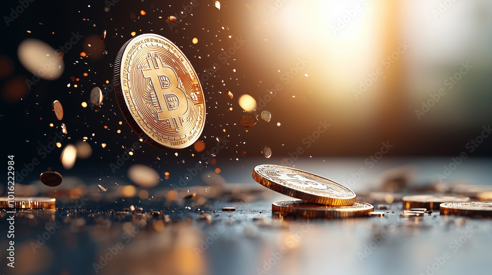 Aufkleber stunning image of gold coins and Bitcoin floating in air, creating sense of wealth and prosperity. warm light adds magical touch to scene, enhancing allure of coins