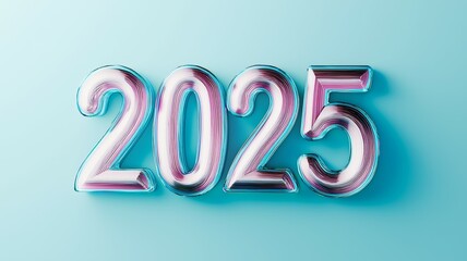 Reflective numbers representing the year 2025 against a light blue background, symbolizing hopes and expectations for the future in a modern design