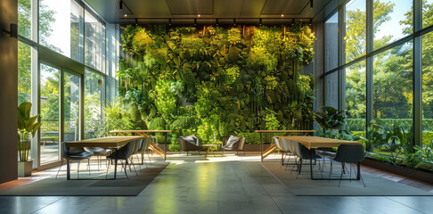 Fototapeta premium Collaborative office space with greenery, modern tables, vertical gardens along the walls, bright natural lighting from large windows.