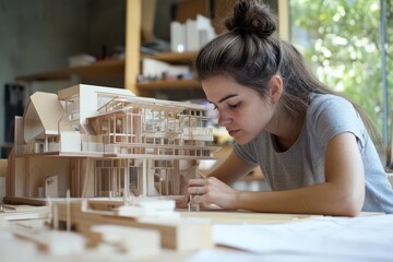 Architecture Student. Creative Architect Designing Wood Models for University Project
