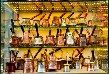 Turkish coffee pots, copper and aluminum engravings and embossing