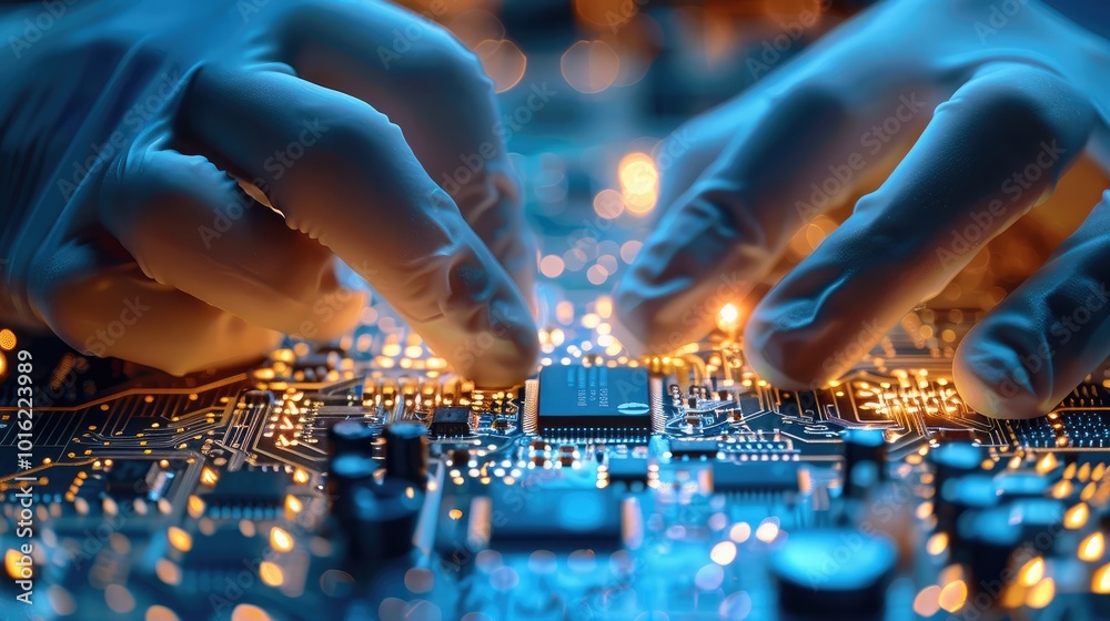 Aufkleber electronic component testing with specialized equipment by an engineer wearing gloves.