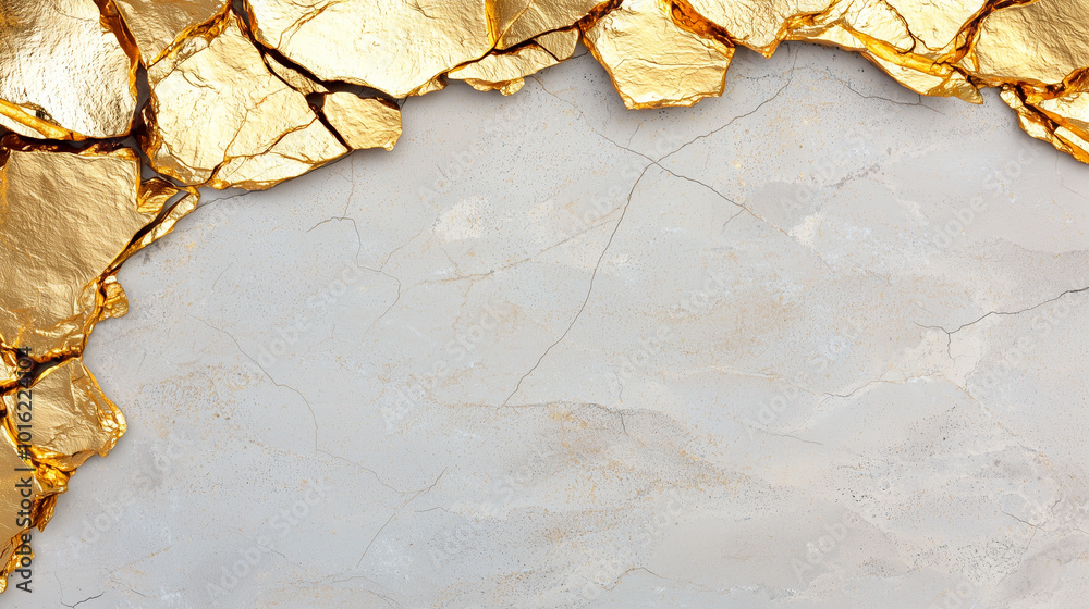 Poster glistening gold leaf delicately applied to textured surface, creating stunning contrast with soft gr