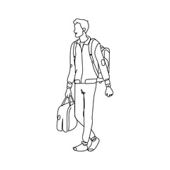 Dessin en ligne continue d'un homme portant un bagage, line art, vecteur