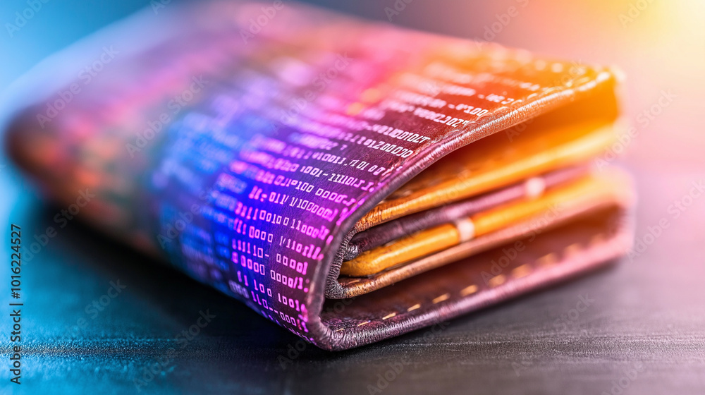 Aufkleber Digital wallet made of binary code, symbolizing modern finance and technology. This abstract representation showcases fusion of digital and physical currency