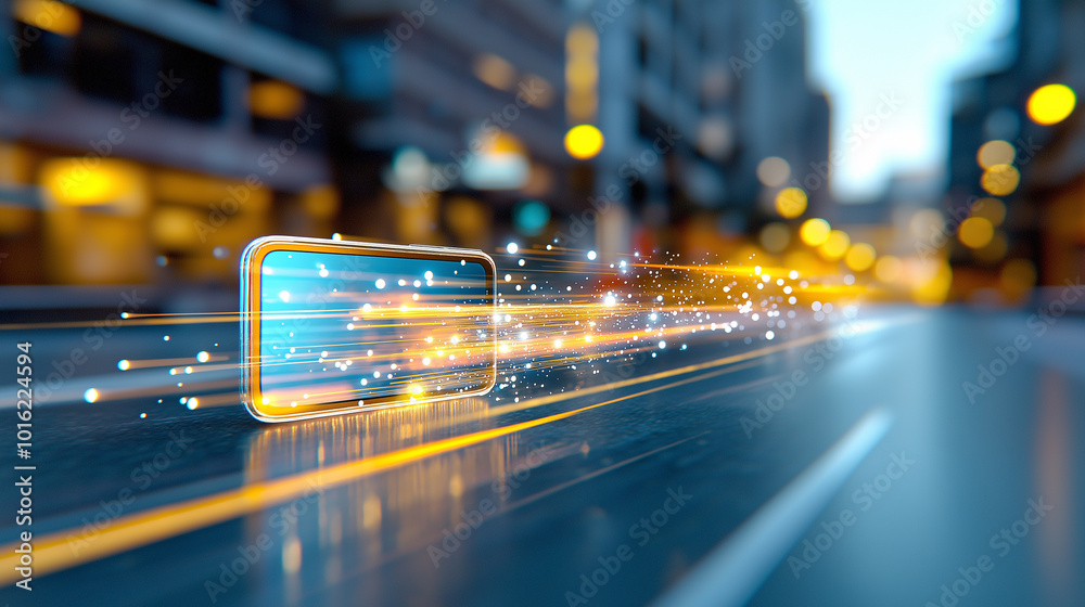 Poster smartphone screen appears to be in motion, surrounded by vibrant light trails, suggesting speed and technology in urban setting. scene captures dynamic blend of modernity and innovation