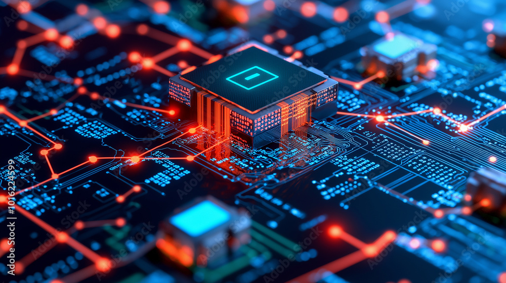 Poster close up view of microprocessor on circuit board, showcasing intricate connections and glowing elements. This highlights complexity and beauty of modern technology