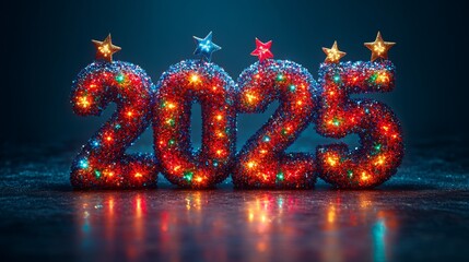 Sparkling 2025 decoration illuminated with colorful lights against a dark backdrop
