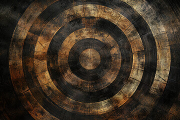 A series of concentric circles etched into a weathered wood surface, conveying ideas of eternity and patience in a rustic artistic style reminiscent of a bygone era.